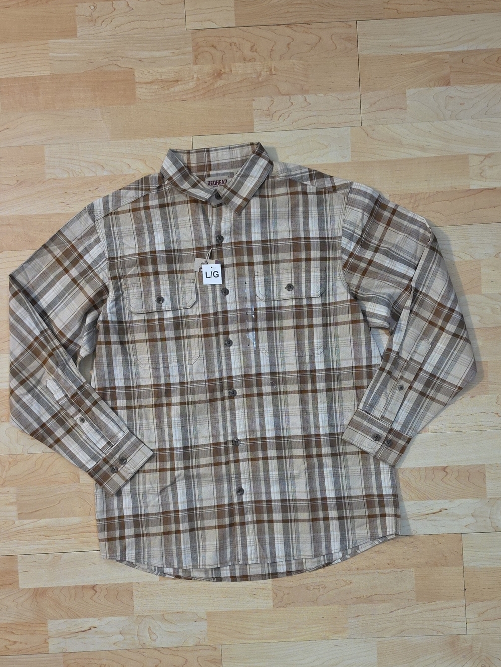 Redhead Men's Long Sleeve Brown Plaid Button Up Polo Shirt Size Large L NEW